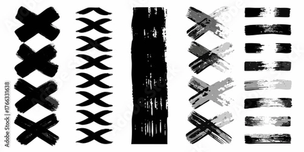 Fototapeta Collection of hand painted brush stroke xs and rectangular shapes in black and gray on white background