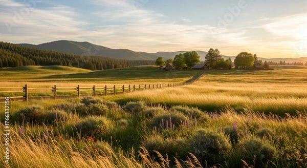 Fototapeta Golden hour illuminates a rustic ranch with wooden fences and wildflowers stretching across rolling hills toward distant mountains