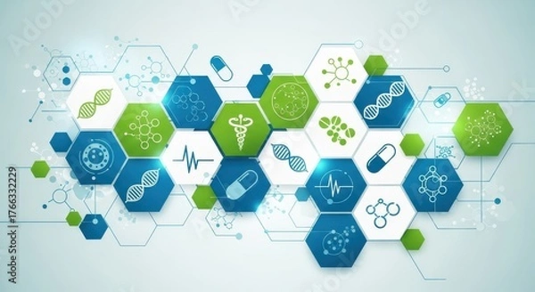 Fototapeta Dynamic medical science network showcases DNA, molecules, and heartbeat for innovative healthcare research and development