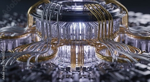 Fototapeta Quantum computing machine with complex wiring and bright futuristic technology core for science concepts