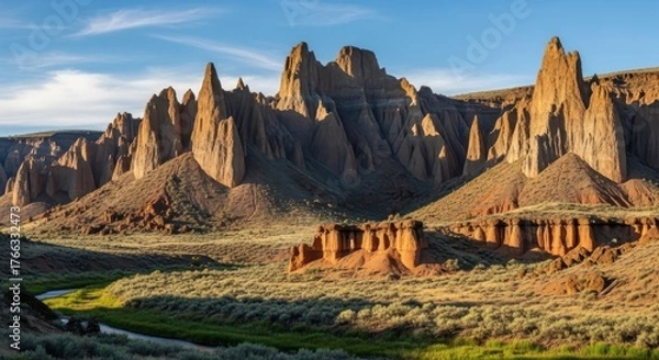 Fototapeta Dramatic sunlit desert canyon landscape with winding river and towering rock spires under a clear blue sky