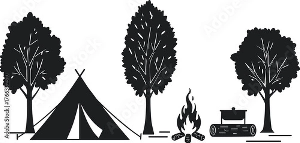 Obraz Camping scene silhouette with tent campfire trees and cooking pot, outdoor survival vector art, nature illustration design, cad drawing flat vector illustration