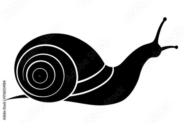 Fototapeta Stylized black snail silhouette with concentric shell patterns moving across a clean white background isolated on white background