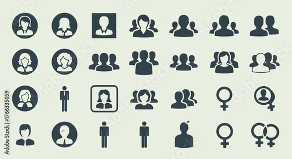 Fototapeta A diverse collection of flat, monochrome icons depicting individuals, groups, user profiles, and gender symbols.