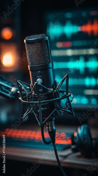 Fototapeta Professional Blue-Lit Condenser Microphone Setup for Recording and Podcasting, Generative AI