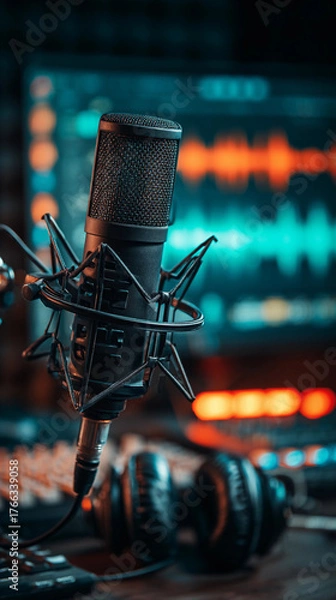 Fototapeta Premium Condenser Microphone in Neon Studio Light with Audio Waveform, Generative AI