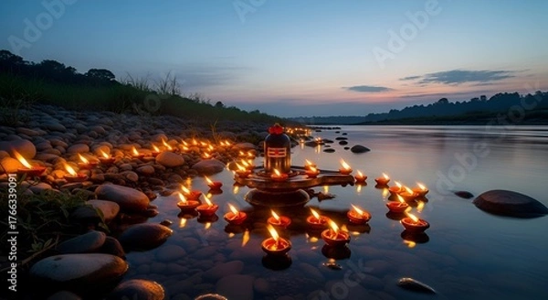 Obraz Diwali Lamps Reflecting on River at Dusk.