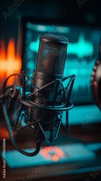 Fototapeta Professional Cyan Lit Condenser Microphone in Recording Studio, Generative AI