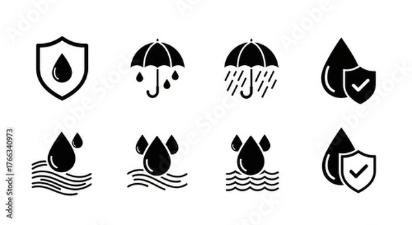 Fototapeta Set of black and white waterproof and water resistant icons with drops and shields