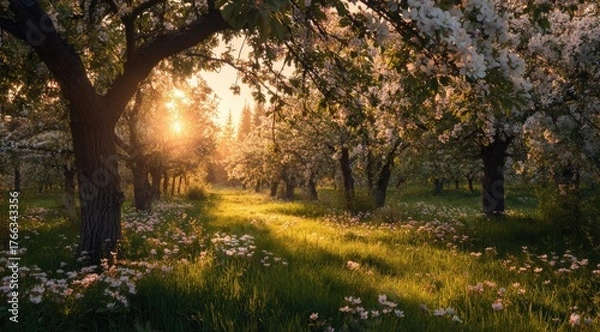 Fototapeta Sunlit orchard path in bloom
