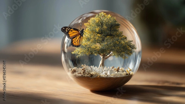 Fototapeta Encapsulated Eden: A vibrant butterfly delicately perches on the transparent sphere. Within the orb, a miniature tree thrives on the soil, symbolizing the harmony between life and environment.