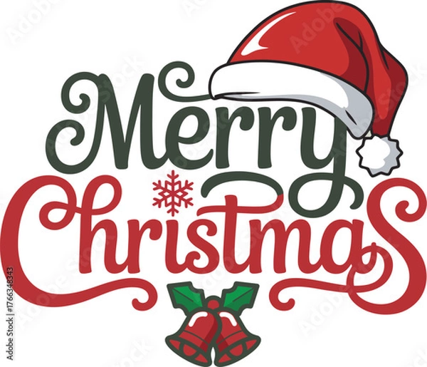 Fototapeta Festive merry christmas graphic design with santa hat jingle bells and snowflake for holiday celebrations and greetings