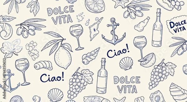 Obraz Illustration of Italian food and drink elements, including wine, lemons, and nautical symbols.
