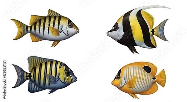 Fototapeta Four colorful tropical fish isolated on white background
