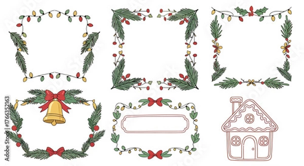 Fototapeta Festive Christmas-themed illustrations featuring decorative frames, garlands, and a gingerbread house.