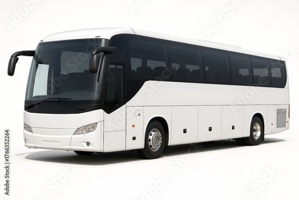 Fototapeta Modern white passenger tour bus isolated on white background, showcasing futuristic transport concept in digital art style for travel visuals. Ai generative