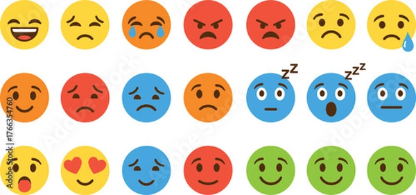 Fototapeta Collection of diverse cartoon emoji faces expressing various emotions and feelings isolated on transparent background