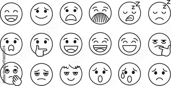 Fototapeta Collection of hand drawn emoji faces expressing various emotions isolated on transparent background