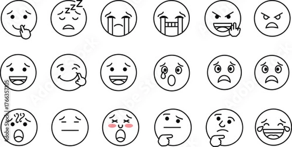 Fototapeta Collection of hand drawn outline emoji faces expressing various emotions isolated on transparent background