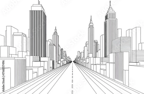 Obraz Black and white line drawing sketch of a futuristic city street with tall skyscrapers and a vanishing point perspective