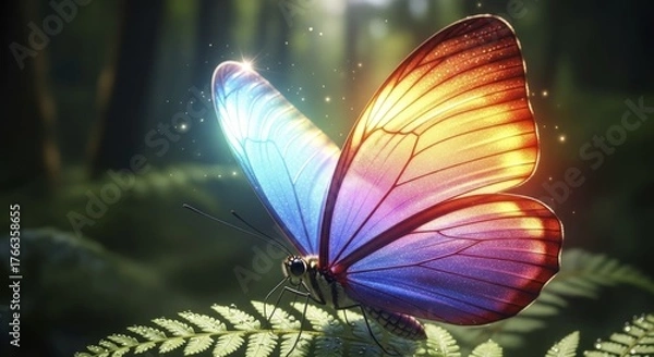 Obraz A vibrant, colorful butterfly with glowing iridescent wings sparkles on a dew-kissed fern in a magical, sunlit forest, creating an ethereal and enchanting natural scene.