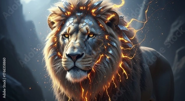 Obraz Majestic Elemental Lion with Fiery Mane and Crystalline Armor in a Mystical Landscape
