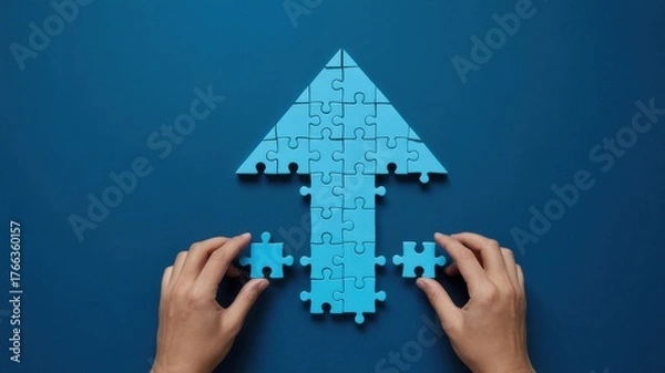 Fototapeta Hands assemble a blue jigsaw puzzle arrow pointing upwards on a blue background
