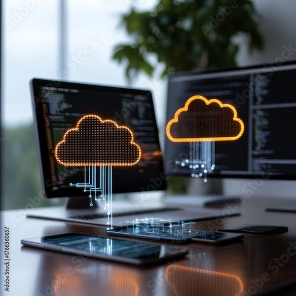 Obraz Seamless cloud integration connecting digital devices with innovative technology for modern business solutions and data management.
