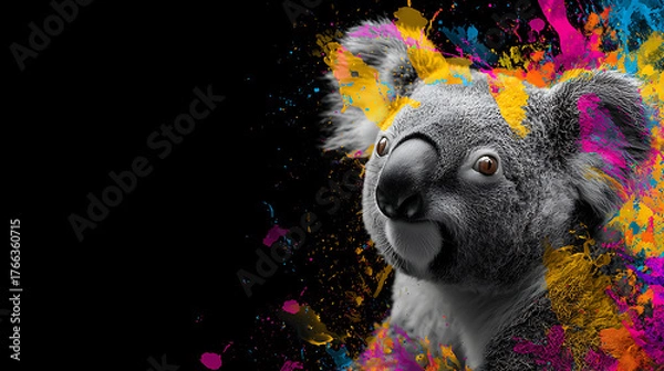 Obraz A grayscale koala head emerges from vivid paint splashes against a bold black background and glow!!!