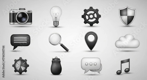Obraz Sleek 3D Monochrome Icon Set: Camera, Lightbulb, Gears, Shield, Chat, Search, Location, Cloud, Flask, Music for Modern UI/UX Design