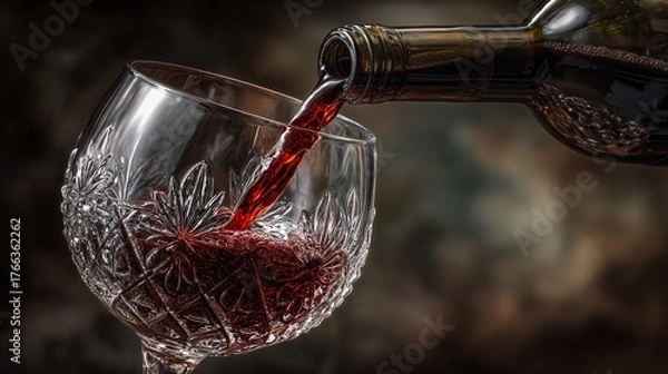 Fototapeta Pouring Red Wine from Bottle into Crystal Glass with Elegant Design
