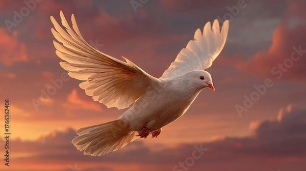 Fototapeta Majestic White Bird Soaring Through a Colorful Sky at Sunset