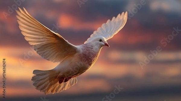Fototapeta Elegant White Bird Soaring Against a Colorful Sunset Sky