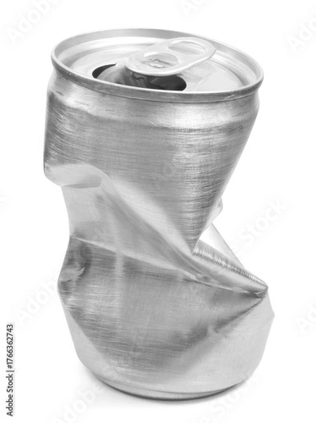 Fototapeta Crumpled empty blank aluminium can isolated on white background