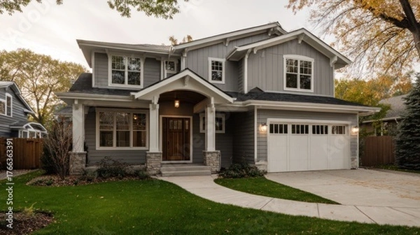 Fototapeta Exterior of a modern house with a front yard and a driveway on a cloudy day