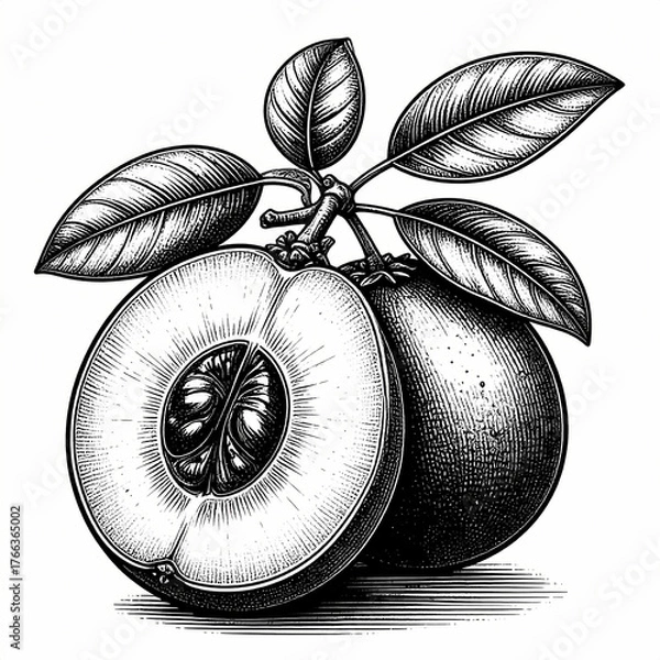 Fototapeta Detailed sapodilla fruit with leaves showcased in a hand-drawn vintage engraving style art.