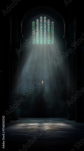 Fototapeta Mysterious ancient hall with divine light streaming through ornate stained glass windows illuminating dusty atmosphere