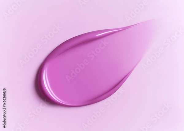 Fototapeta Purple lip gloss swatch on pastel background. Close-up of liquid lipstick, glossy texture, horizontal flatlay. Professional studio light