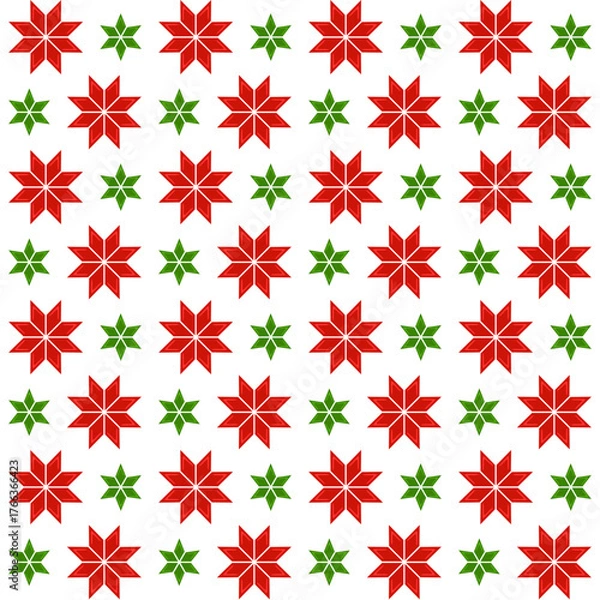 Obraz Seamless Nordic Star Flower Pattern in Red and Green Repeat on White Background