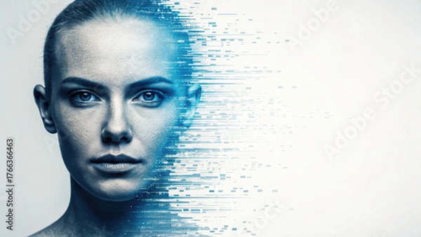 Fototapeta Digital face emerges from pixelated fragments, blending human and technology in futuristic style