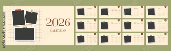 Fototapeta Retro 2026 english calendar year template set of horizontal layout pages. Blank photo frame collage design. 