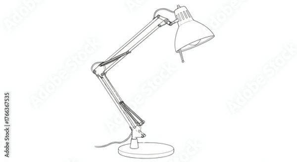 Fototapeta Adjustable desk lamp line art, minimalist industrial object illustration.