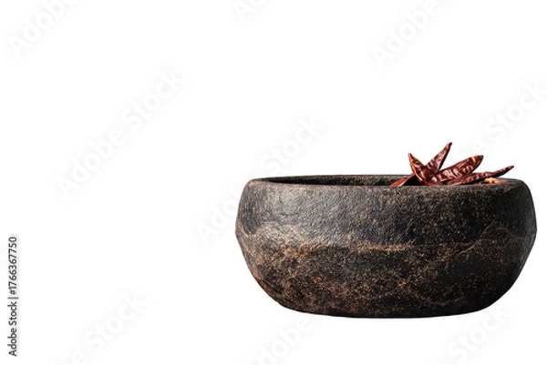 Fototapeta Glittering Decorative Bowl With Red Floral Accent Against Black Background