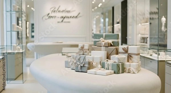 Fototapeta Luxury Minimalist Gift Shop Interior with Sculpted Stone Counter, Elegantly Wrapped Gifts, Modern Calligraphy Signage, Soft Daylight Reflections on Glass