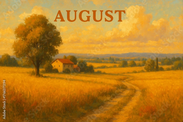 Obraz Golden August Countryside with Dry Grass, Trees, and Small Houses along a Sunny Rural Path