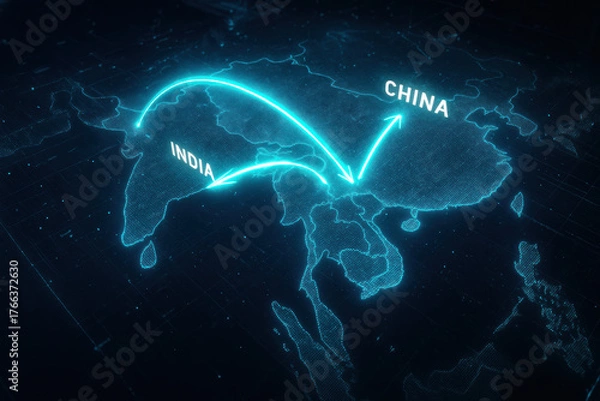 Fototapeta India China trade route concept map with glowing digital arcs connecting countries, neon network lines, futuristic logistics visualization and global commerce energy