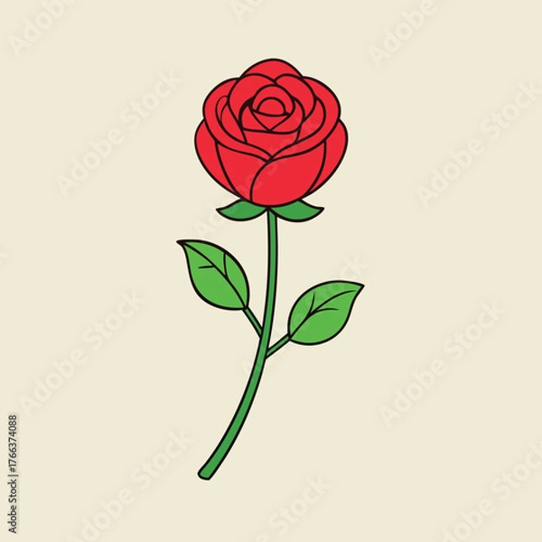 Fototapeta Single red rose flower vector illustration isolated on white background, perfect for romance and valentine themes