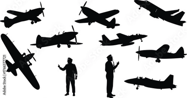 Obraz Airplane and pilot silhouette collection, vintage aircraft, jet planes, aviation crew illustration, flight control, air force training vector design