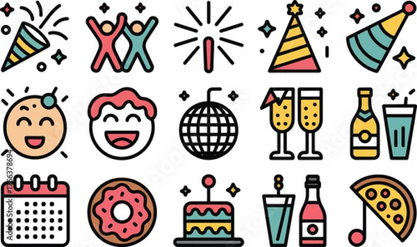 Fototapeta Collection of colorful party and celebration icons for events