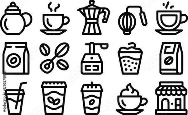 Fototapeta Collection of coffee related icons and illustrations
